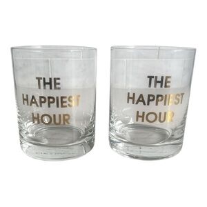 Brand New Chez Gagné “The Happiest Hour” Rocks Glasses, Set of 2, Gold Foil